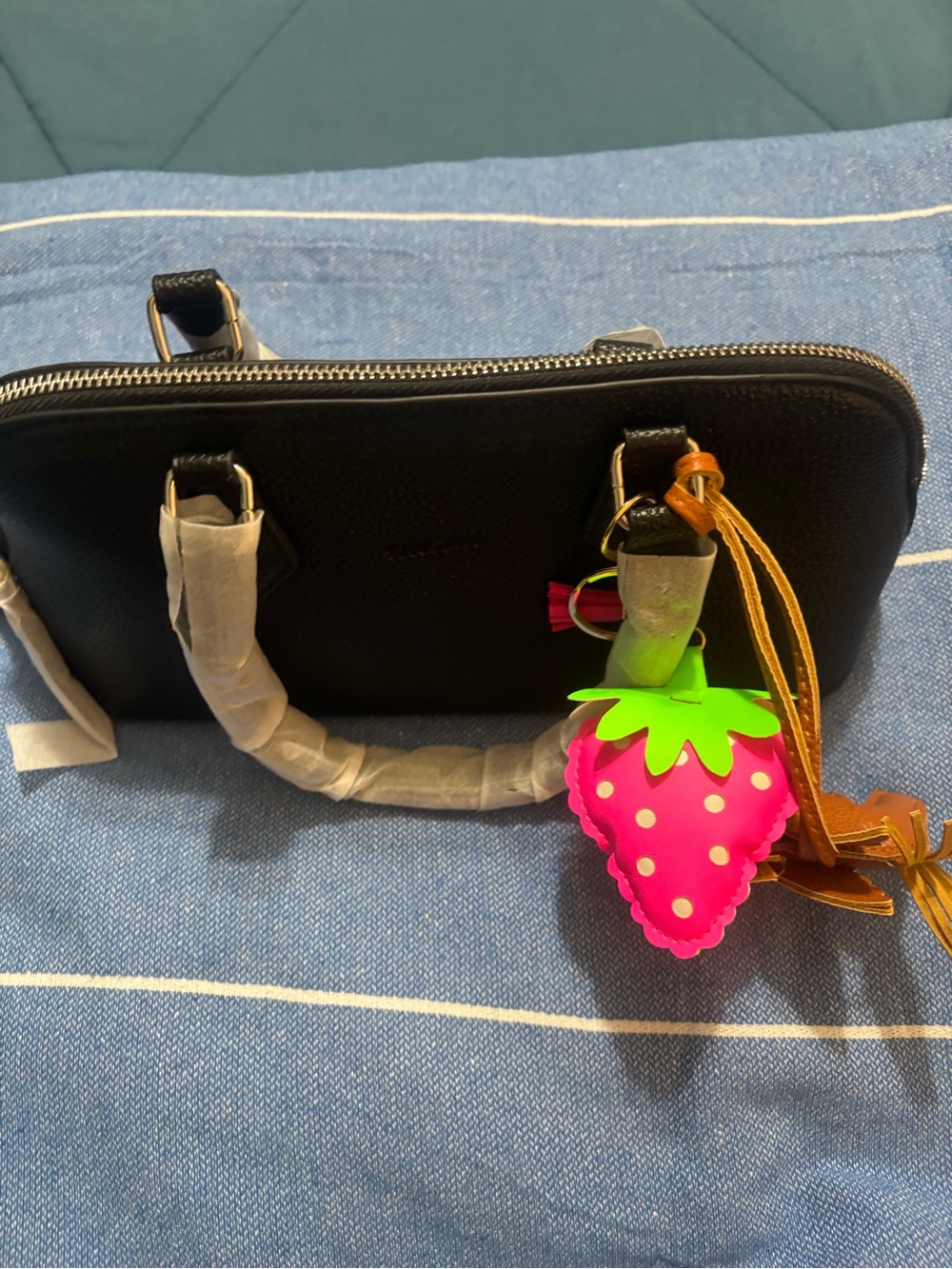 Black Women's Dome Satchel with Pink Strawberry Charm
